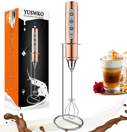 YUSWKO Black Handheld Milk Frother Wand for Coffee, Rechargeable Electric Whisk with 3 Heads 3 Speeds Drink Mixer Coffee Frother For Latte, Cappuccino, Hot Chocolate, Egg