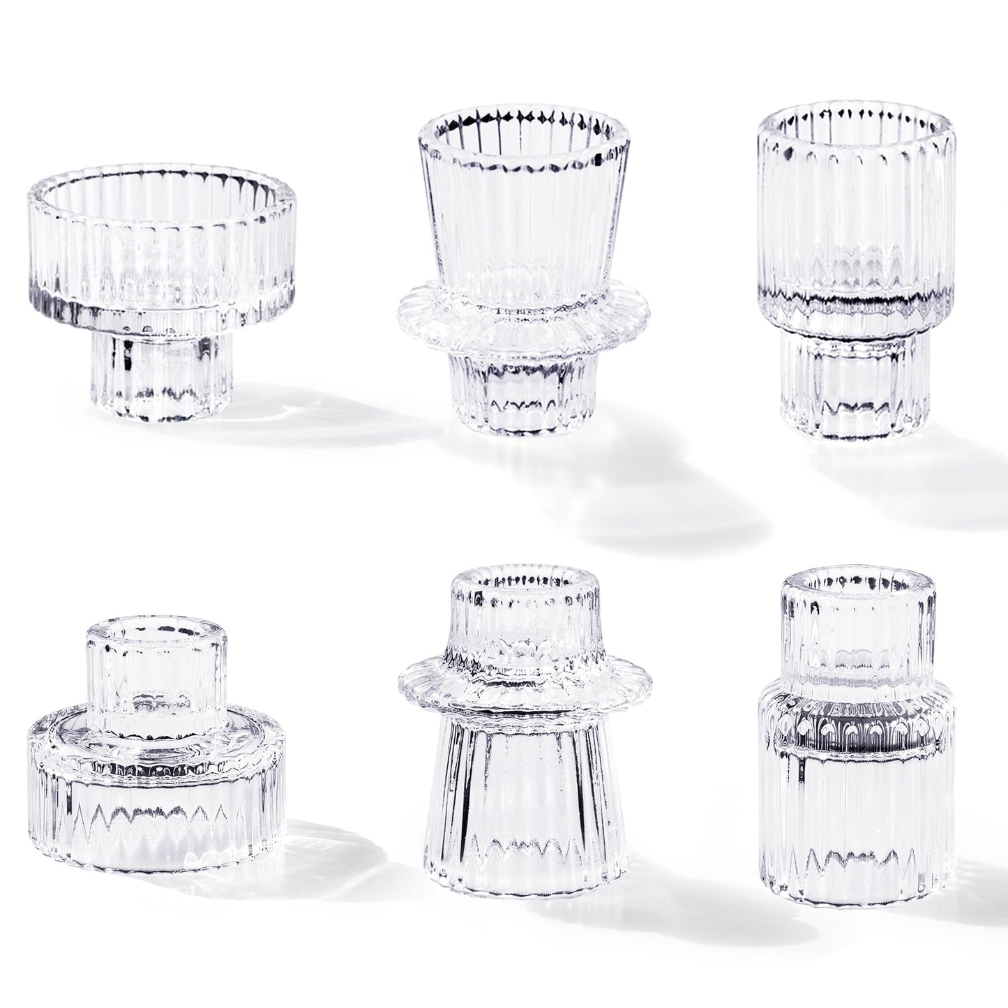 Toptime Candlestick Holders Set of 6, Ribbed Glass Taper Candle Holders, Reversible Clear Tealight & Candle Stick Candle Holder Vintage Crystal Tealight Candle Holder for Wedding Dinner Party