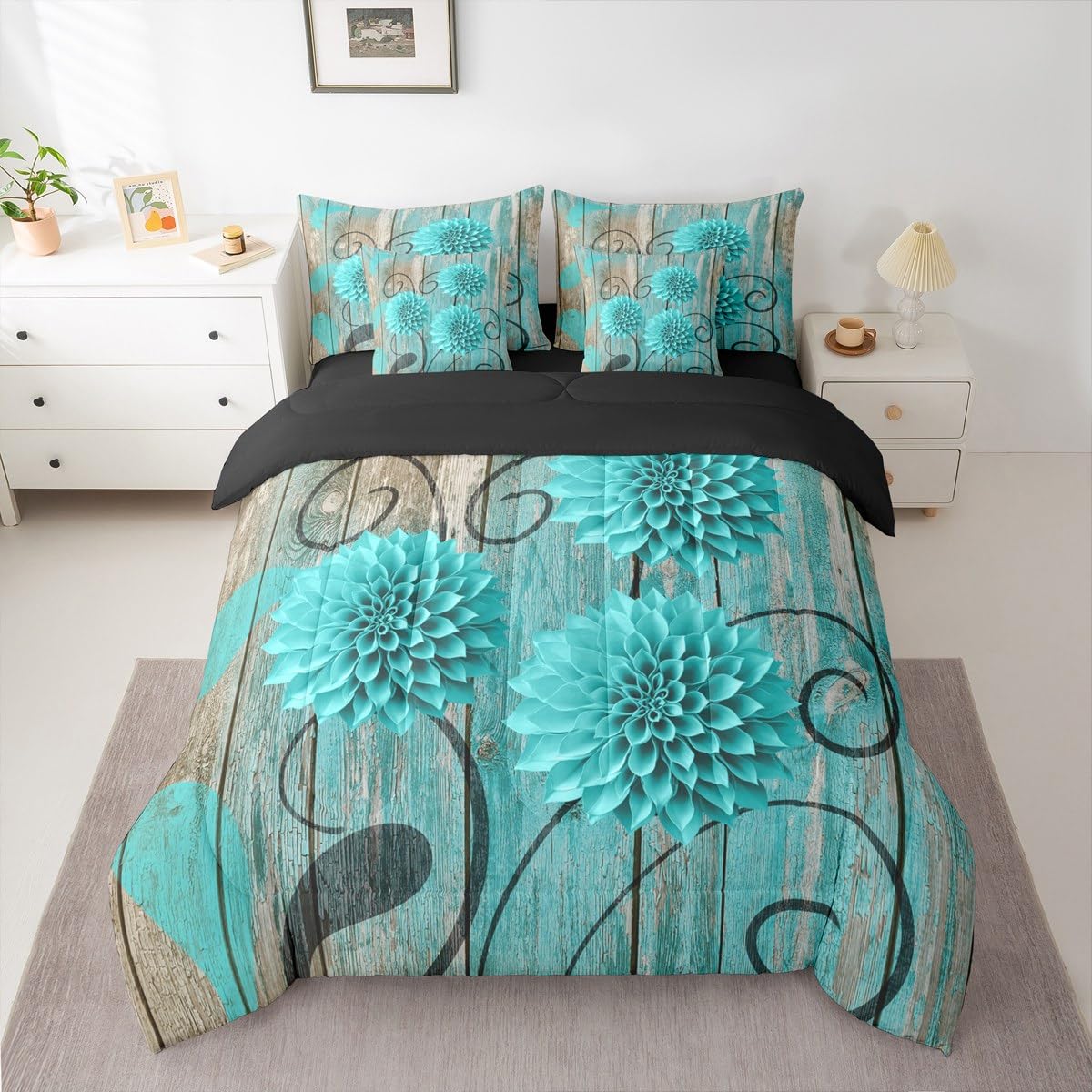Erosebridal Teal Farmhouse Dahlia 7 Piece Comforter Set Queen | Daisy Floral Boho Bed in A Bag Turquoise Floral Sheet Set Breathable Lightweight Rustic Flower Abstract Fitted Sheet
