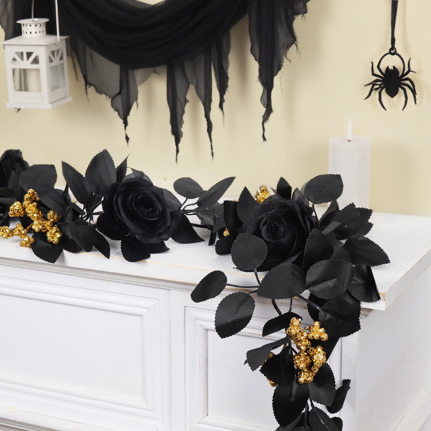 RECUTMS 5.9Ft Black Artificial Roses Flower Garland Fake Halloween Hanging Silk Floral Vines Fall Leaf Wreath for Gothic Halloween Decor Autumn Party Table Centerpiece Home Decor