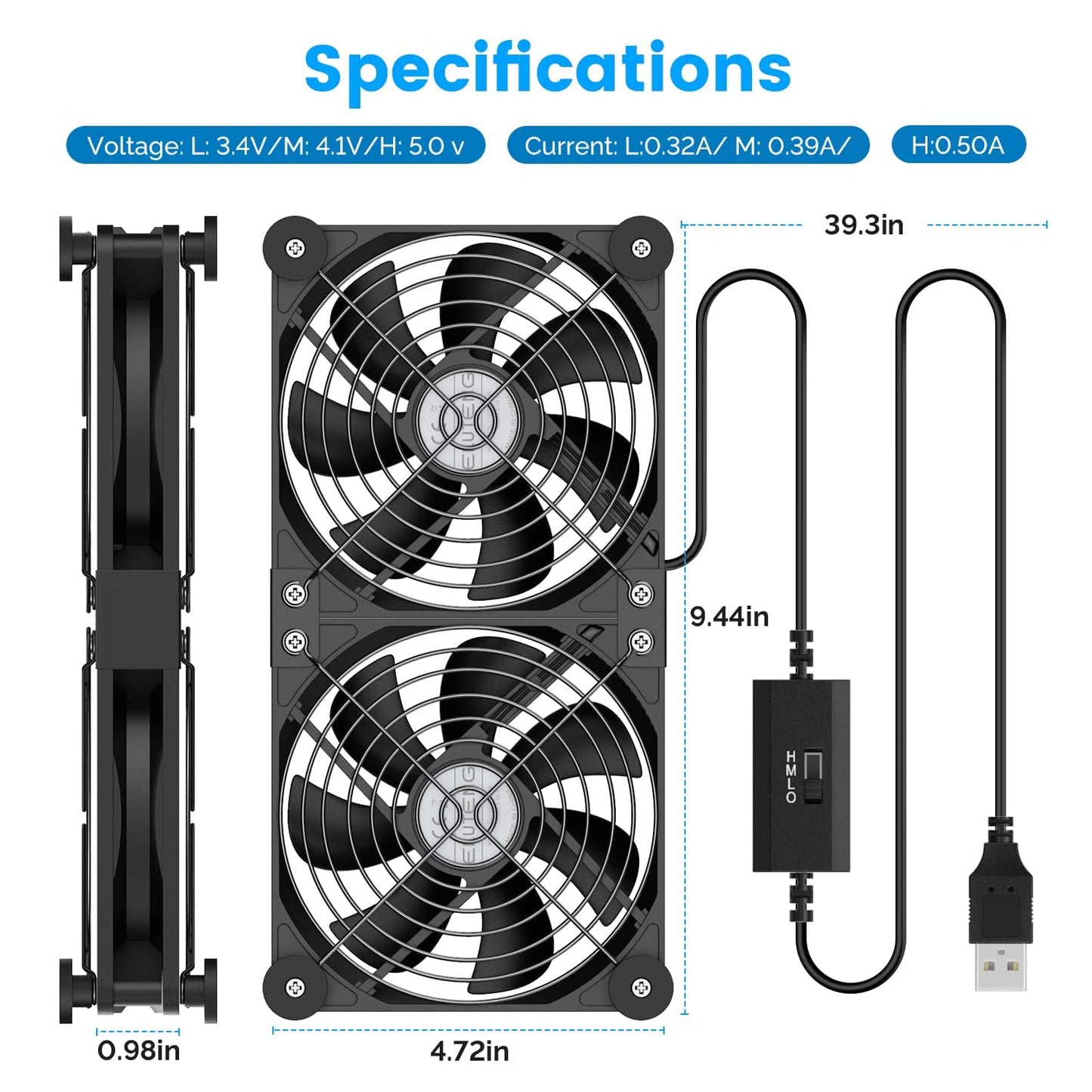 ELUTENG Computer Fan 120mm Dual Row 2 in 1 with 3 Adjustable Speed USB PC Fans 5V Electronics USB Cooling Fan with 8 Shock-Absorbing Feet for Cabinet/Router/PS5/Laptop/TV Box