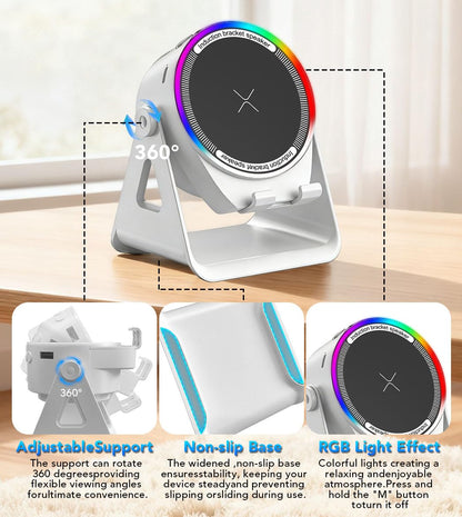 NIIFAWH Bluetooth Speaker, 4-in-1 Wireless Induction Speaker & RGB Light Stand Multi-Functional Phone Stand Instant-Connect Stereo Sound, 360° Adjustable Holder for iPhone/Android/iPad/Samsung (Weiß)