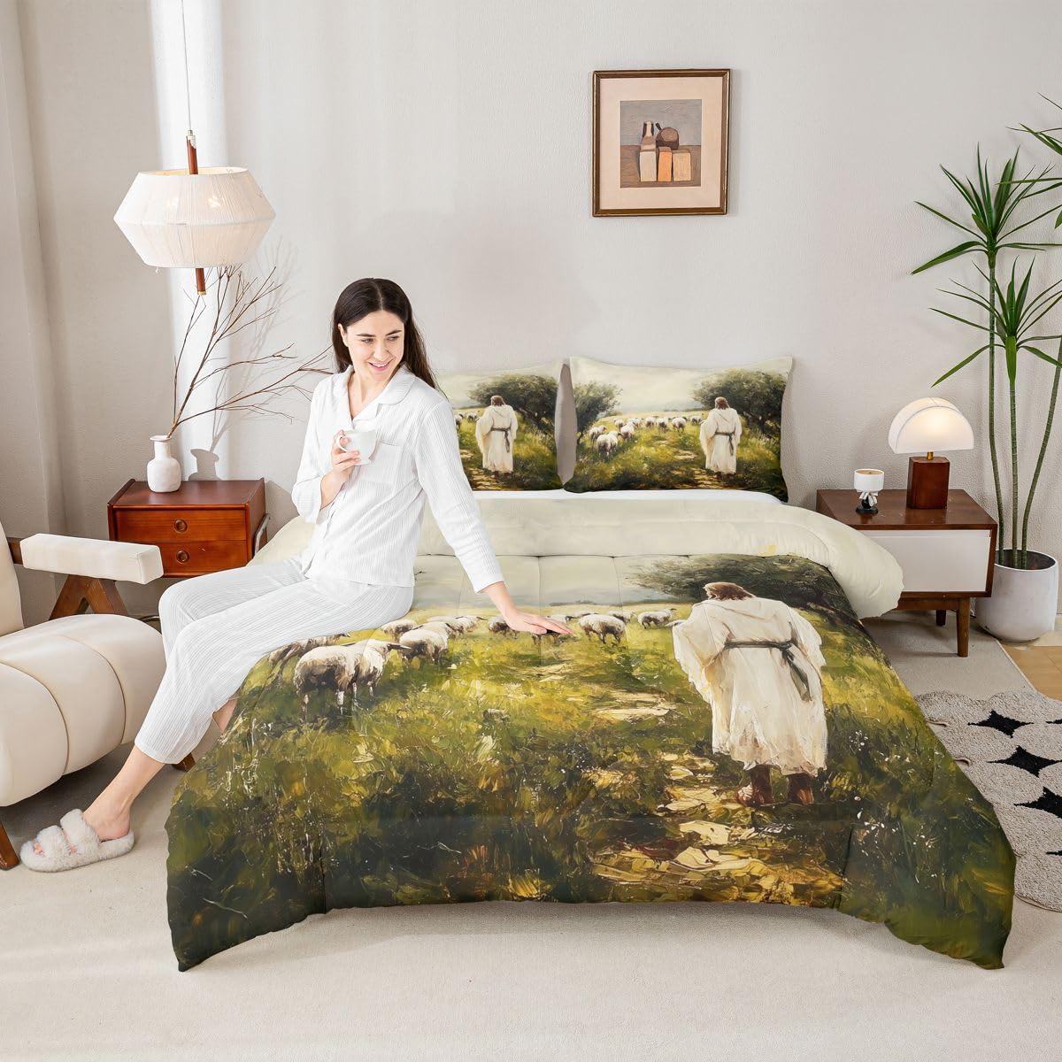 God and Lamb Kids Comforter Set Twin Size,Western Spiritual Bible Verse Bedding Set Boys Girls Room Decor,Bible Stories Spiritual Quilt Comforter,Green White Duvet Set Bedroom Quilt Set,1 Pillowcase