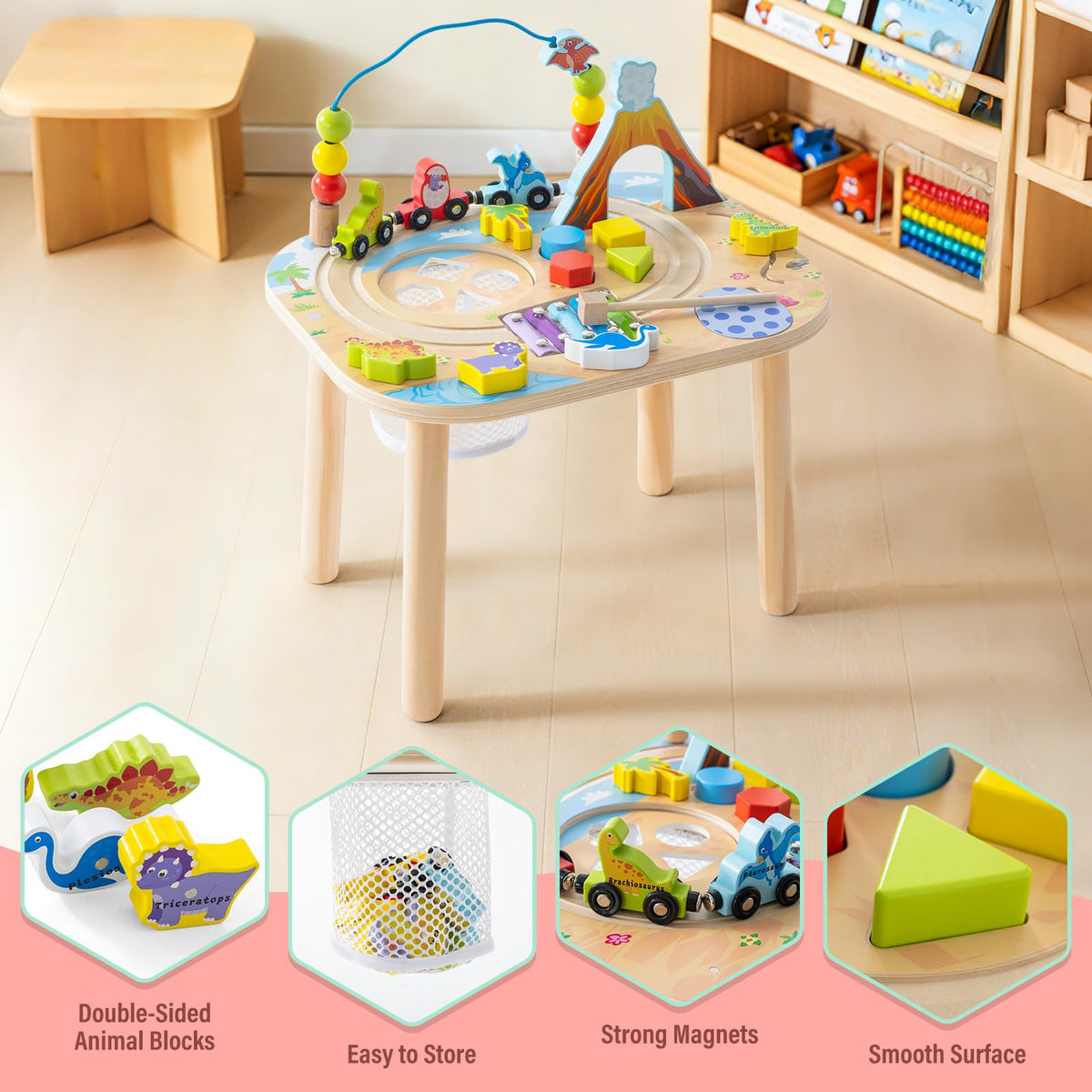 Gewitt Montessori Activity Table for 1 Year Old, 9-in-1 Wooden Activity Table with Adjustable Height, Train, Shape Sorter, Xylophone, Baby Sensory Educational Learning Toys, Birthday Gift (Dinosaur)
