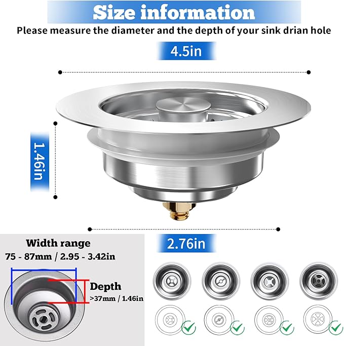 Upgraded 3 in 1 Kitchen Sink Drain Strainer Stopper, Brushed Stainless Steel