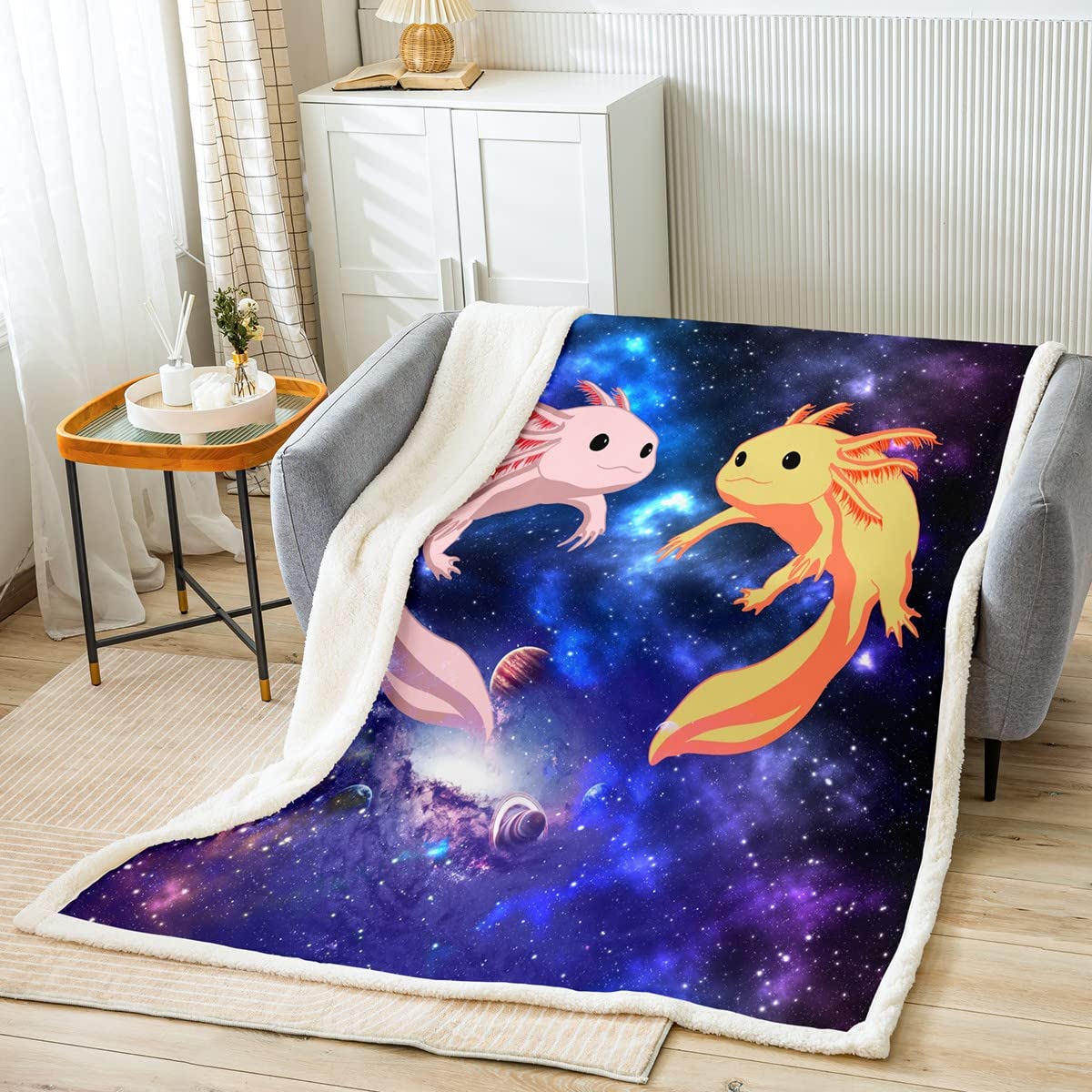 Feelyou Cute Axolotl Fleece Throw Blanket - Galaxy Universe Outer Space Sherpa for Kids Boys Girls - Coastal Plush Fuzzy for Sofa Bed Couch, 40x50 Inches