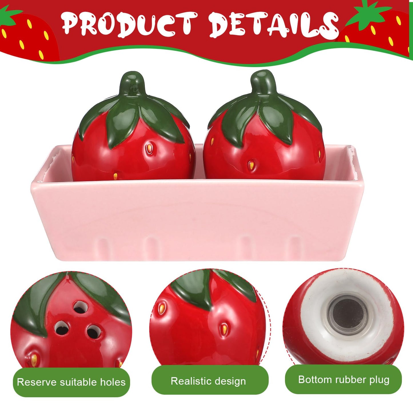 3 Pcs Strawberry Salt and Pepper Shakers Set, Cute Salt and Pepper Shakers with Pink Tray Funny Ceramic Spice Dispenser Storage Canisters for Housewarming Kitchen Table Supplies