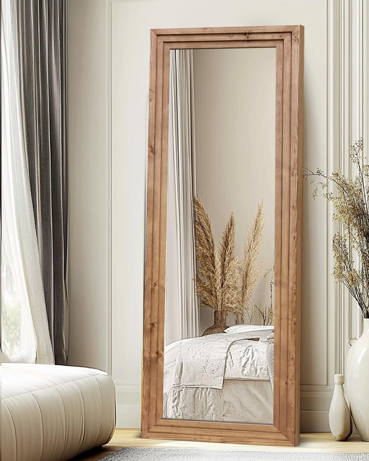ABSWHLM Full Length Mirror 65"x24" Solid Wood Frame Floor Large Mirror for Living Room, Bedroom Hanging or Leaning Wall-Mounted, Light Brown