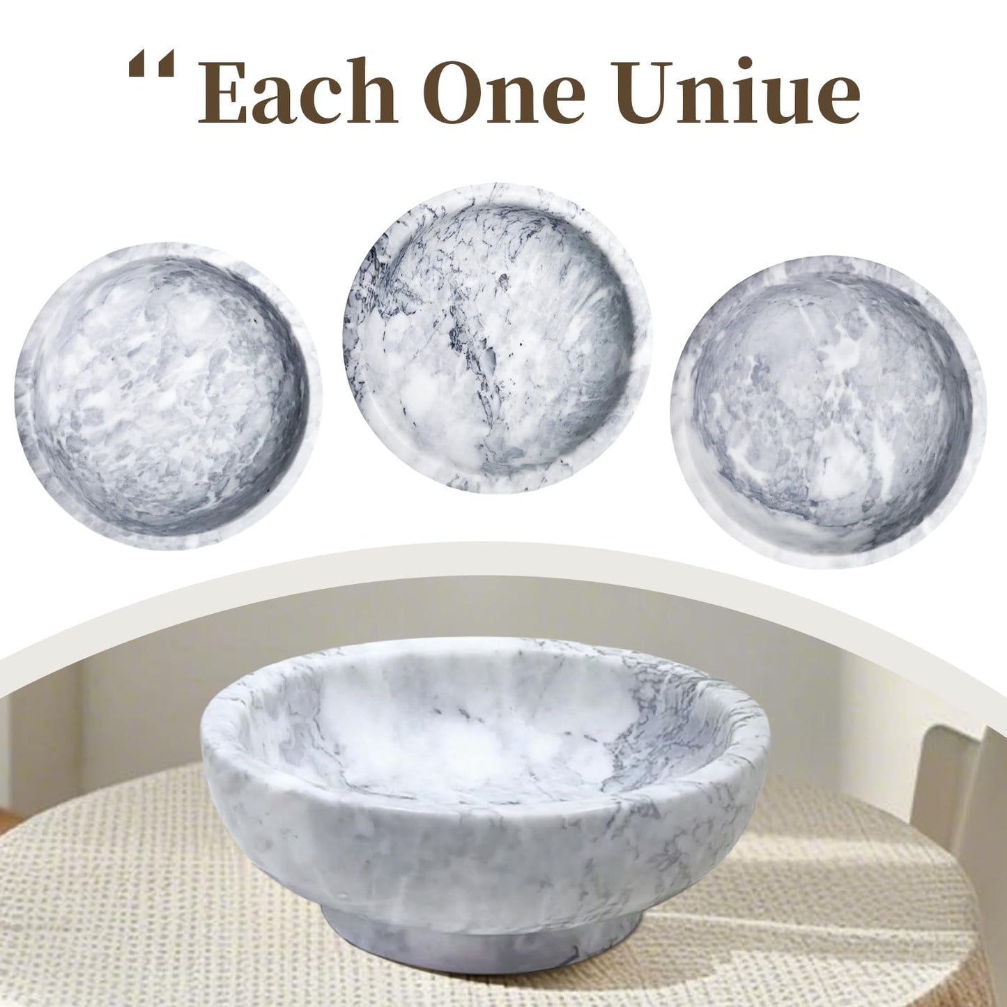 OZLMC Premium Natural Marble Decorative Bowl - Large 10.2” Solid Marble (11 lbs) - Luxury Fruit Bowl with Grey Veins for Home Decor