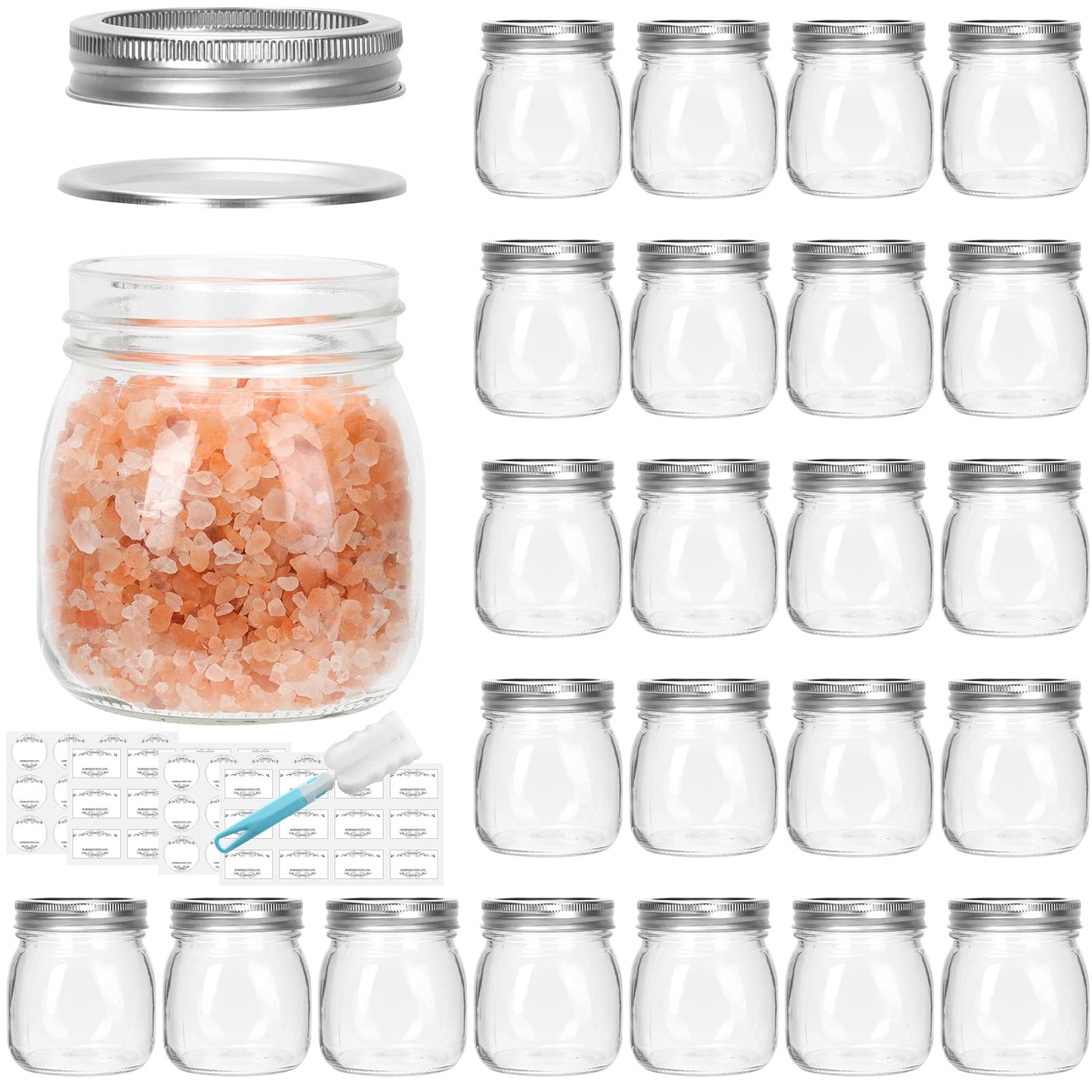 DHSBTLS Glass Regular Mouth Mason Jars, 24 Pack 10 oz Glass Canning Jars with Silver Aluminum Lids and Bands, Airtight Jars for Food Storage, Canning, Overnight Oats, Fermenting, Pickling, Decor