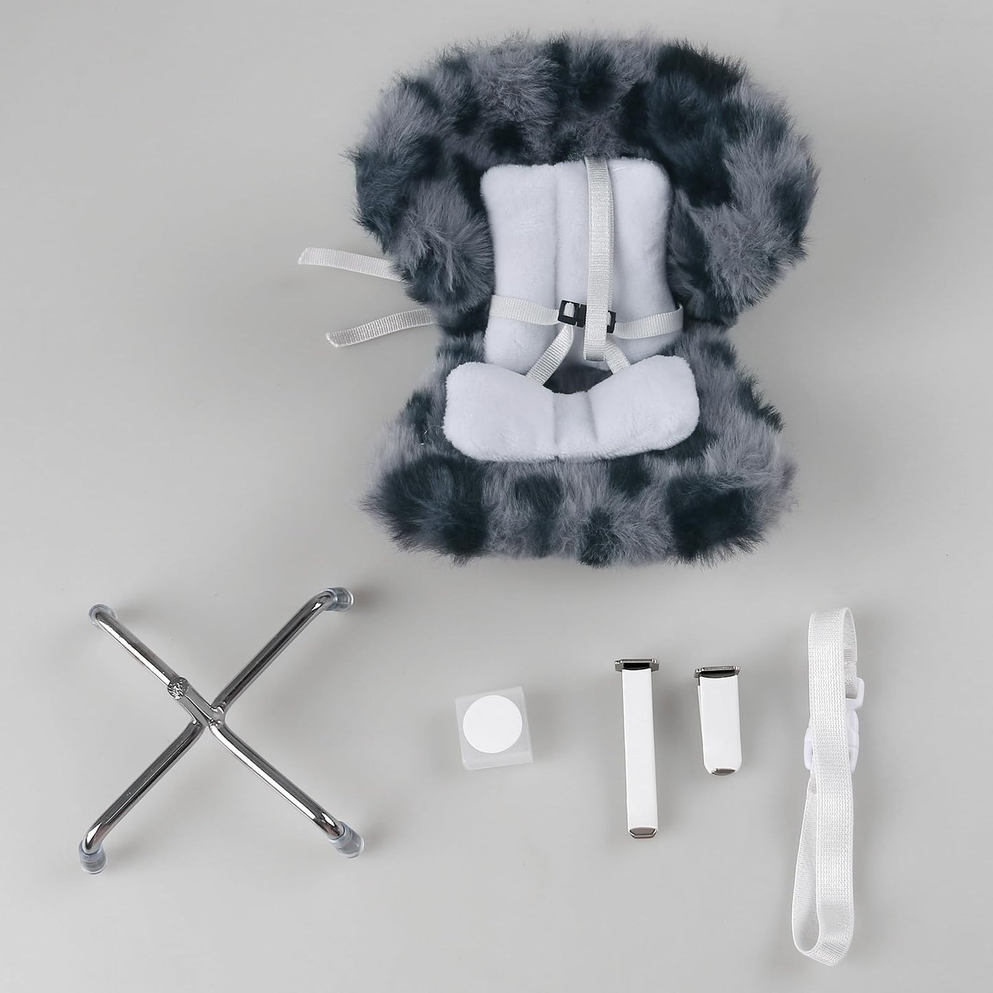 Doll Car Seat Compatible with Labubu, Chair for 3–8 inch Dolls - Adjustable Safety Strap, Air Vent Clip & Desktop Stand, Soft Cushion, Cute Car Ornament Gift for Collectors & Fans (Grey Leopard Print)