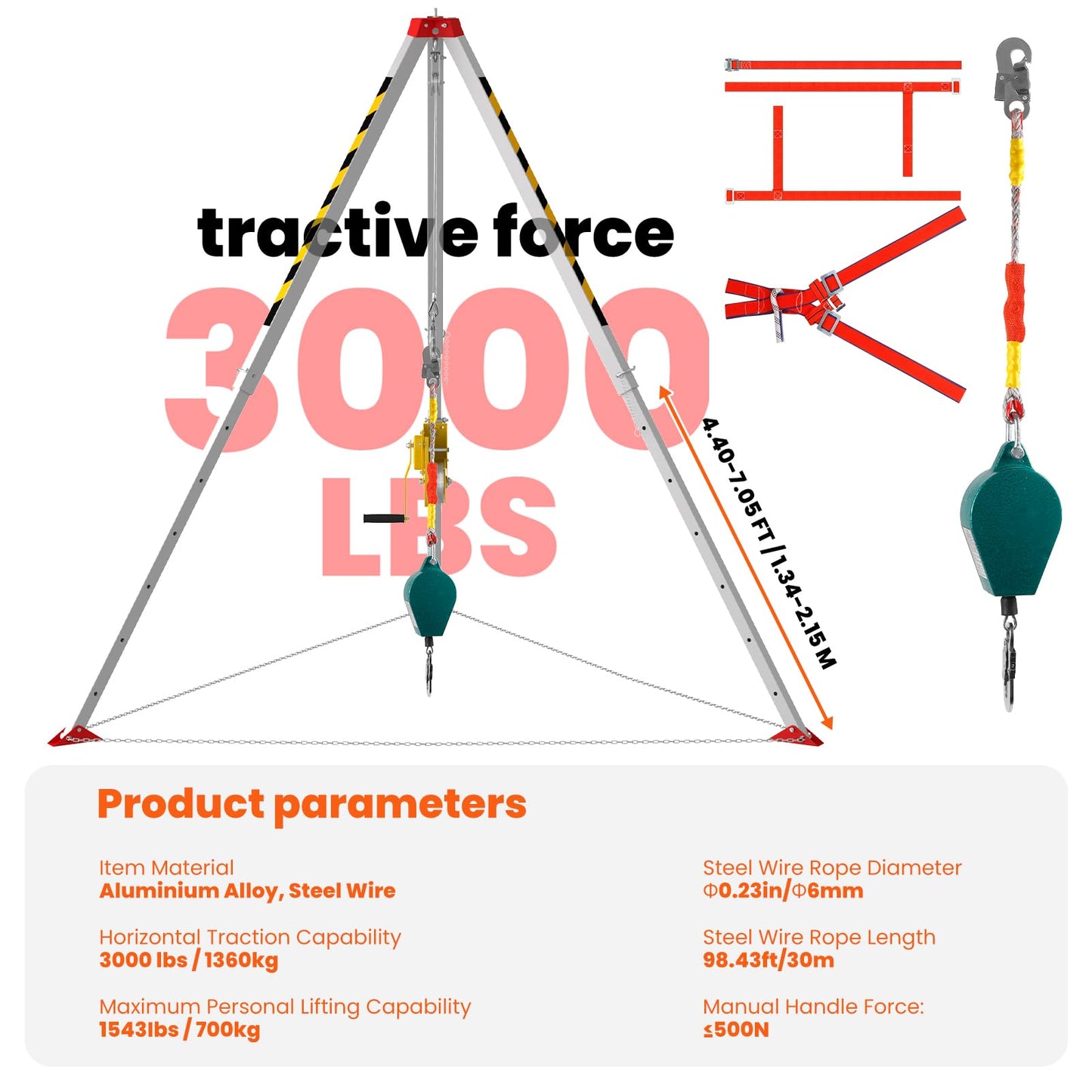 Confined Space Tripod Kit, 3000 Lbs Winch, Steel Confined Space Rescue Tripod with Adjustable 7' Legs & 98' Cable, 33' Fall Protection/Harness/8' Protection Chain, Safety Self-Locking Device