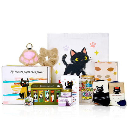 Cat Lover Gifts for Women, Valentine's Gift Box with Glass Cup, Socks, Candle, Tote Bag & Greeting Card | Unique Cat Themed Presents for Birthday, Mother’s Day gifts，