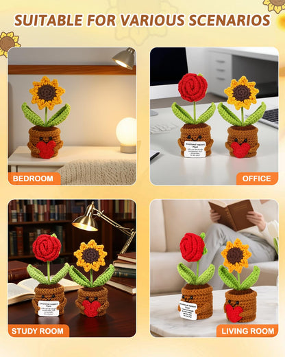 Argefkeen 2pcs Knitted Flowers Sunflower Gifts for Women Handmade Knitted Planters with Card Gifts Birthday Gifts for Women Mom Family Friend Teacher Coworker Xmas Party (2pcs)