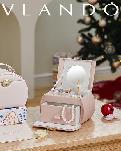 Vlando Girls Jewellery Box with Drawer, Music Box with Ballerina and Stickers for Bedroom Decor, Gifts for Girls Kids, Pink