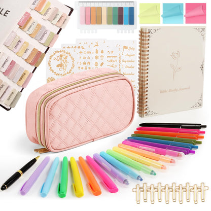 BellaHold Bible Study Kit for Women and Girls – 50PCS Journaling Supplies, 11 Bible Accessories, No-Bleed Highlighters, Pens, Bible Tabs, Large Pencil Case, Christian Gift (Light Pink)