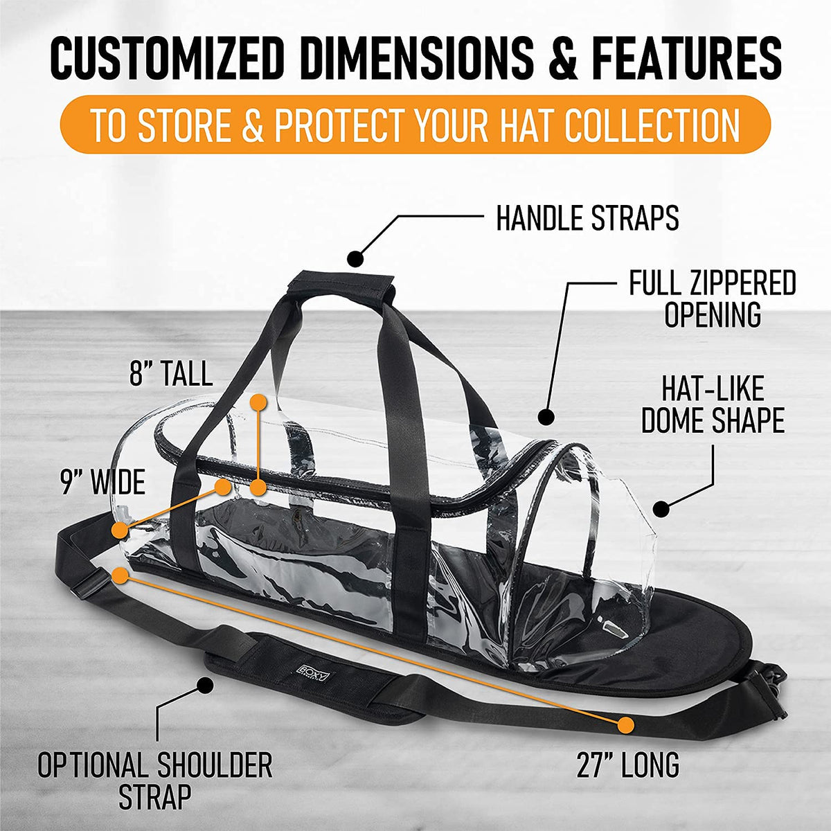 Boxy Concepts Hat Storage Bag - Holds 24 Baseball Cap - Transparent Dome Shaped Carrier Case with Hand & Shoulder Strap - Zippered Hat Organizer, Holder & Storage Bag for Travel - Wall Organizer