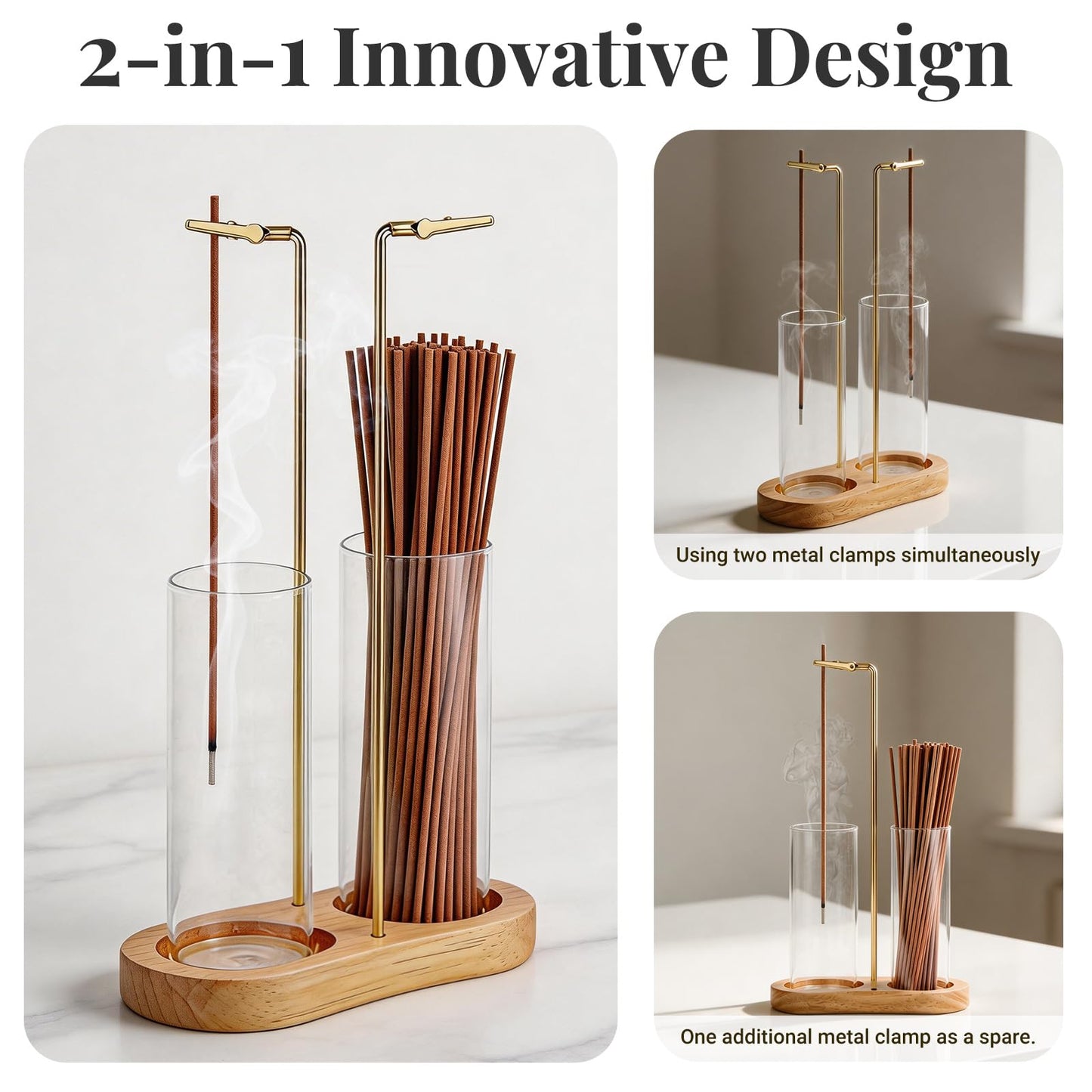 Glass Incense Holder, 2 in 1 Hanging Incense Burner Holder with Ash Catcher & Storage | Cute Boho Decor for Meditation, Yoga, Spa | Stick Incense Holder, Censer, Incense Tray Alternative (Natural)