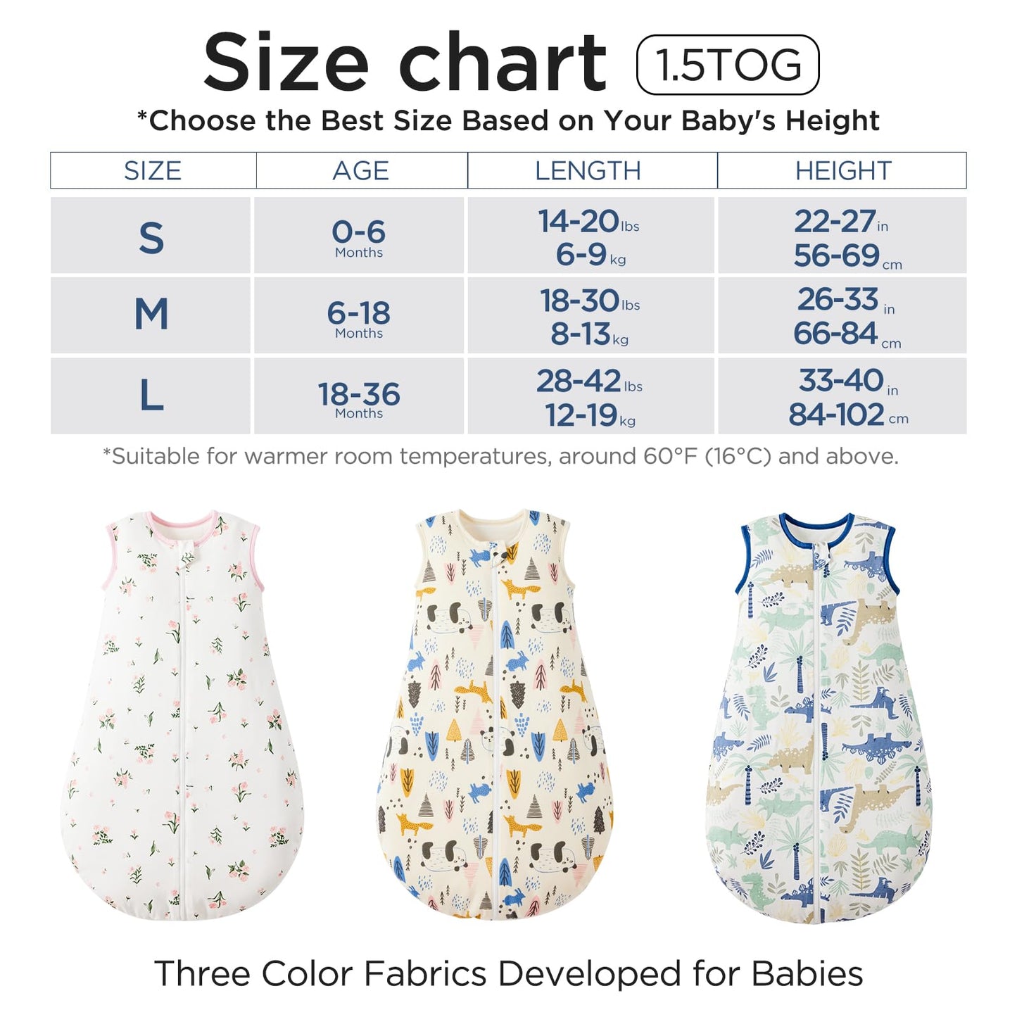 Duomiaomiao Baby Sleeping Bag 1.5 Tog, 100% Cotton Newborn Sleep Sack 18-36 Months Unisex Baby Wearable Blanket for Girl Boy
