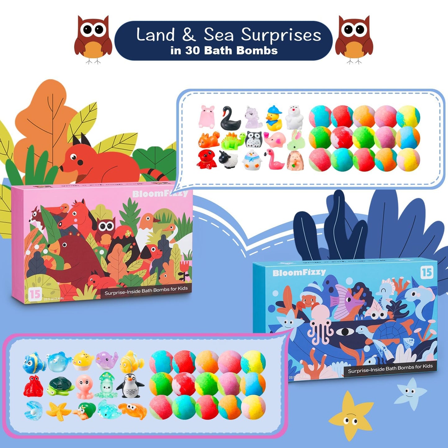 30 Kids Bath Bombs with Surprise Inside – Gift Set with 30 Unique Land & Sea Animal Toys, Fun, Educational, and Child-Safe Natural Bath Bombs with Toys, Great Gift for Kids’ Birthdays & Summer Fun