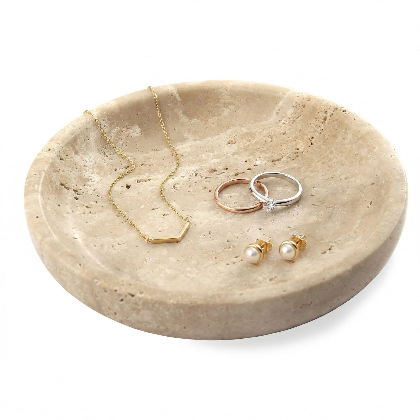 Small Natural Marble Jewelry Tray Key Plate Holder Dish Trinket Decor Catch All Bowl for Ring Earring Stone Gift for Women Daugther,Beige Travertine，5.5"