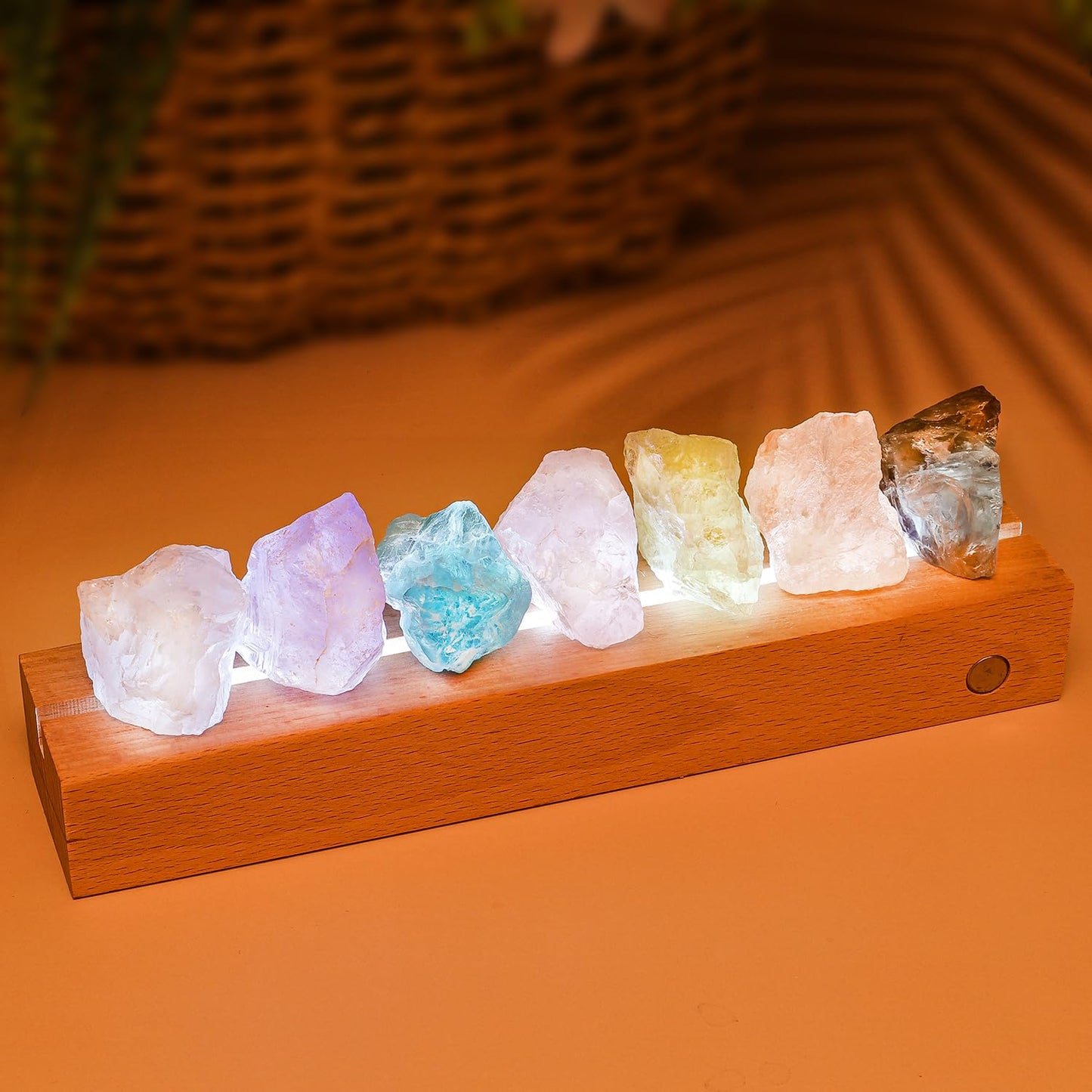 HYAMVOR Healing Crystal Night Light, 7 Chakra Natural Bedside Lamp with Wooden LED Light Base, Healing Stones Positive Energy Night Lights for Home Decor Gifts (Rechargeable)