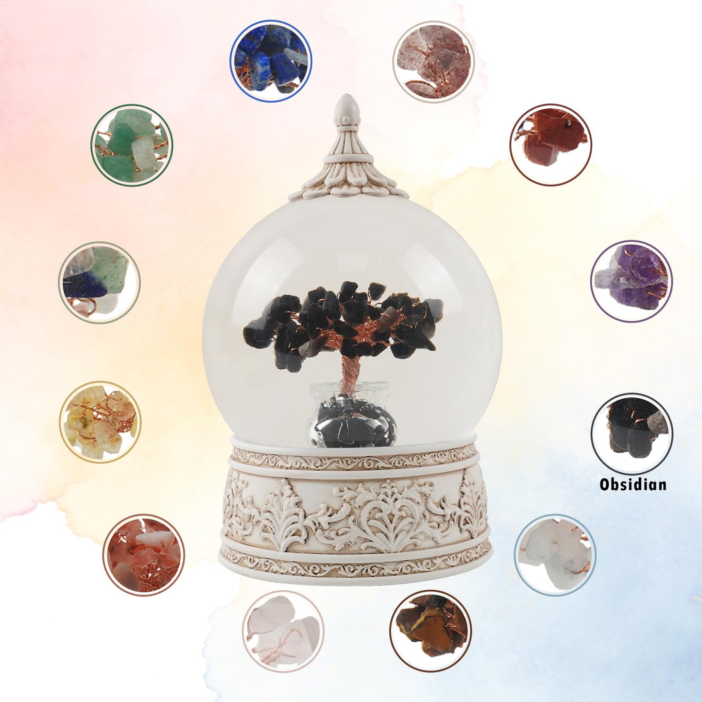 Obsidian Healing Crystal Tree Globe with Colorful Lights and Sparkling Glitter, Natural Gemstone Base, Spiritual Meditation, Positive Energy Good Luck, Home Decor, Birthday Gifts (Obsidian)