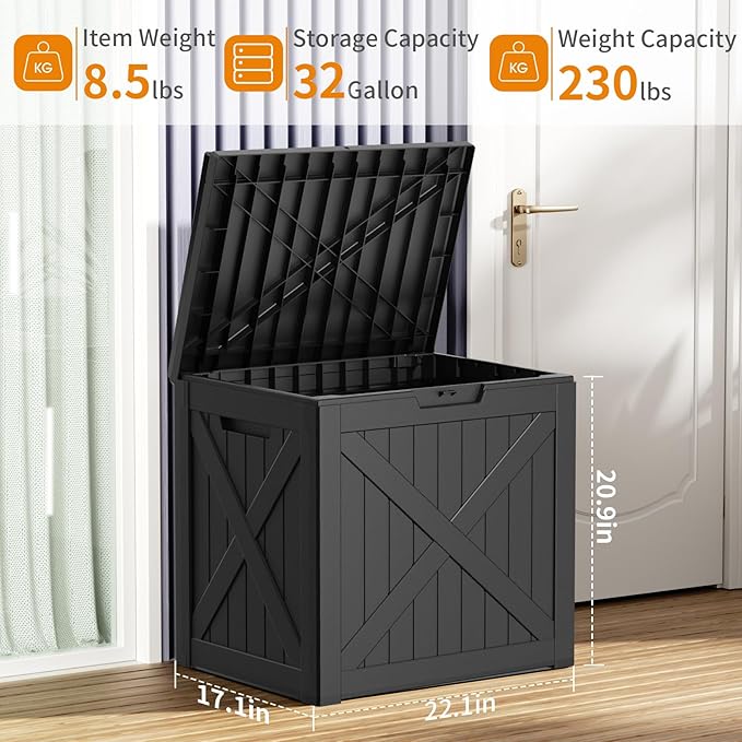 ROJIK 32 Gallon Outdoor Storage Housing Deck Box,Waterproof Patio Furniture, Garden Tools, Cushions, Pool Accessories Storage Bench with Lockable Lid and Side Handles(Black)