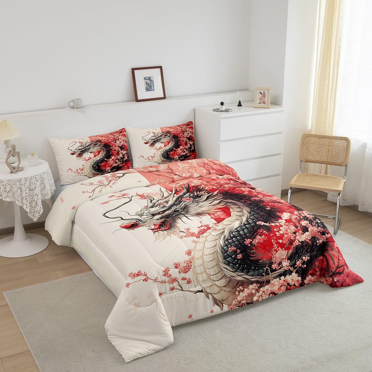 Erosebridal Girls Dragon Comforter Set Full Size, Japanese Style Animal Down Comforter Cherry Blossoms Sakura Bedding Set Ancient Wildlife Quilt for Kids Teens Adult Women Bedroom Decor, Pink