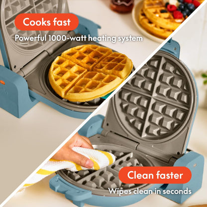 bella Flip-n-Store Waffle Maker with EverGood™ Ceramic Nonstick Coating, Fits-anywhere™ Kitchenware, Power Indicator Light, Cool Touch Handle & Cord Wrap, 7” Wide & 1" Deep Plates, 1000 Watt, Oatmilk