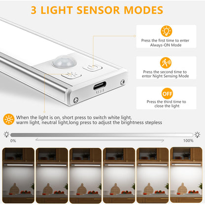 OUILA Under Cabinet Kitchen Lights, 64 LED [2 Pack] 3 Color Stepless Dimming Motion Sensor Lights Indoor, 1000mAh USB-C Rechargeable LED Lights for Cupboard, Kitchen