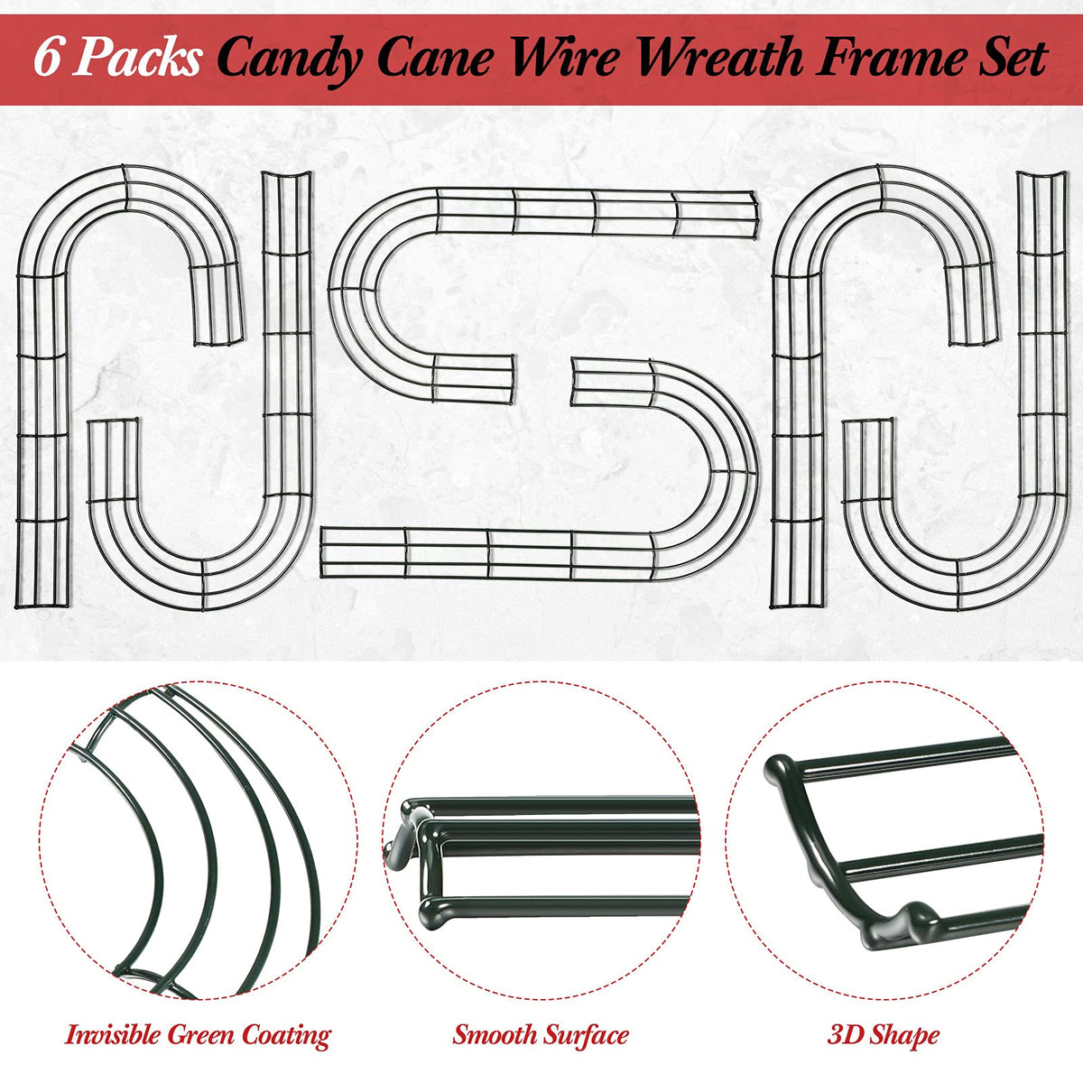 6 Pieces Christmas Candy Cane Shaped Wire Wreath Frame Holiday Metal Wire Flower Wreath J Letter Rings for DIY Christmas New Year Valentines Party Decoration (16 Inches)