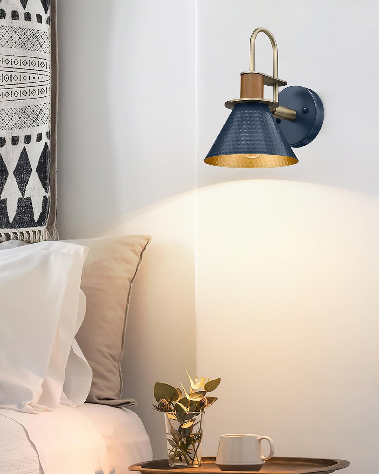 HWH Rustic Wall Sconces, Industrial Sconce Wall Lighting Indoor Wall Lamp, 1-Light Barn Vanity Light for Bathroom Bedroom Bedside, Hammered Metal Shade, Navy Blue Finish, 5HZG74B BL+BG