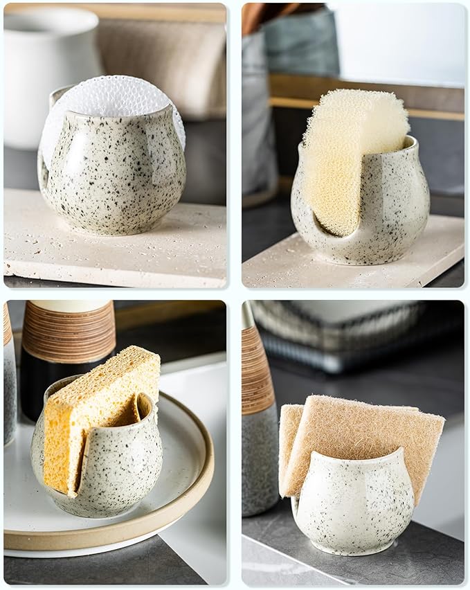 Sponge Holder for Kitchen Sink, Ceramic Dish Sponge Dish Rack Scrubby Caddy