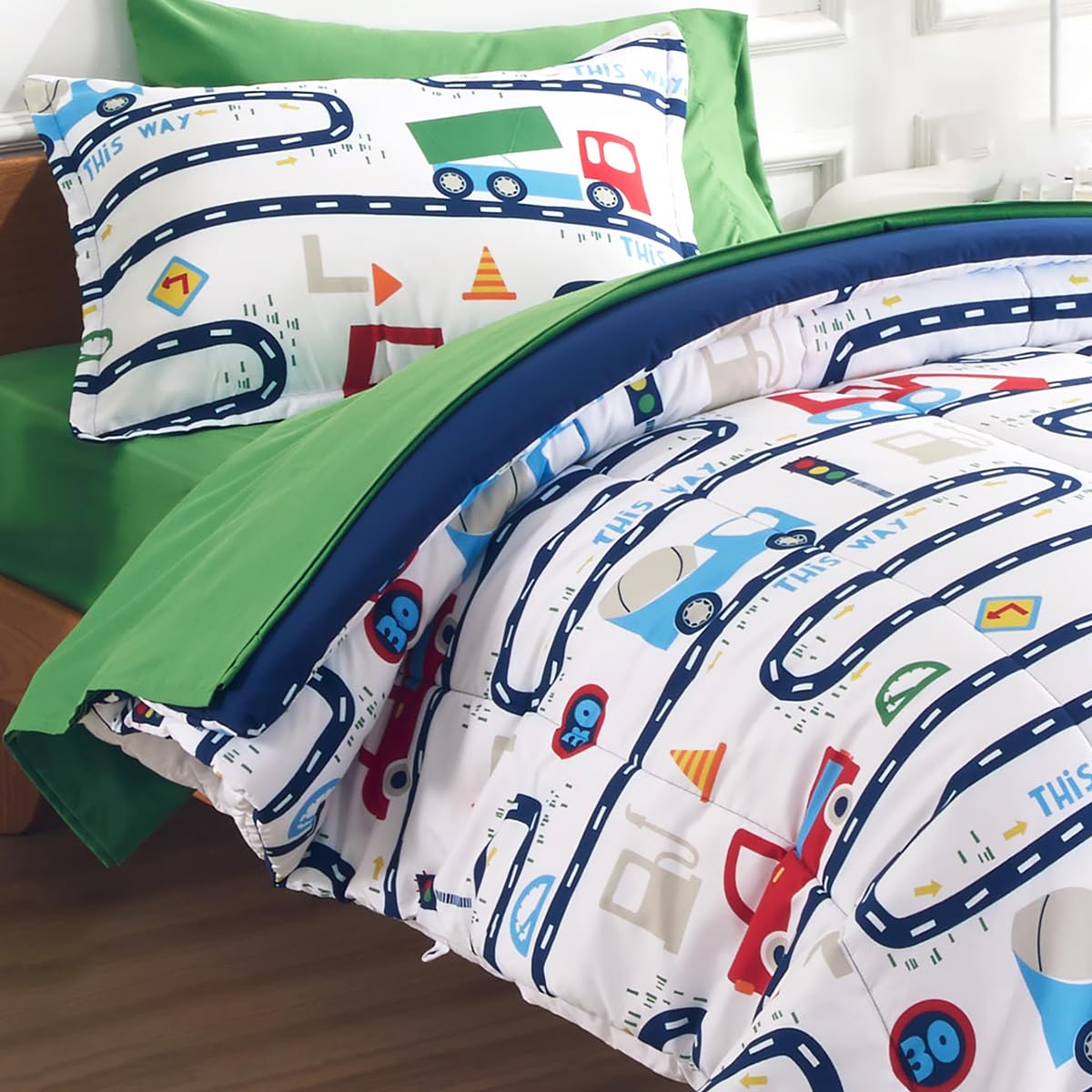 SLEEP ZONE Kids Bedding Comforter Set Twin Size Super Cute Soft Kids Bed in a Bag 5 Pieces with Comforter, Sheet, Pillowcase and Sham, Road Trip