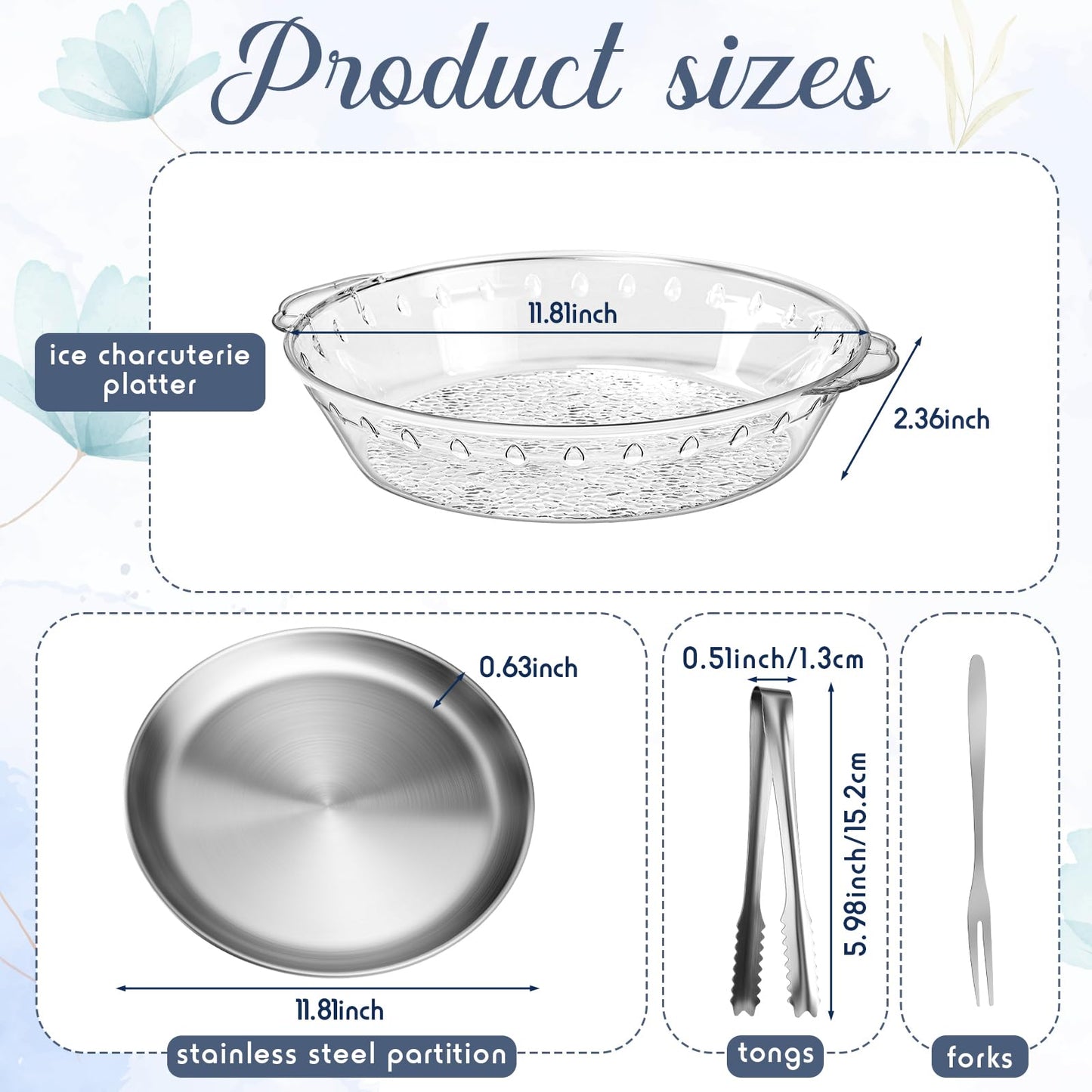 Baderke 2 Sets 11.8" Chilled Serving Tray for Parties Round Iced Platter with Ice Underneath Stainless Steel Clip Fruit Fork Shrimp Cocktail Serving Dish for Oysters Crawfish Fruits (Original)