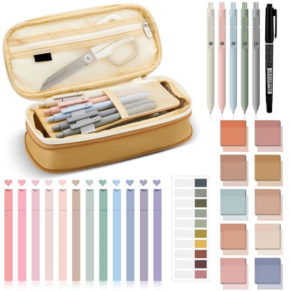 Jutom 39 Pcs Aesthetic Book Annotation Kit Highlighter with Pencil Case Bag Gel Pen Transparent Sticky Note Taking Bible Study College School Supplies(Khaki,Cute Style)