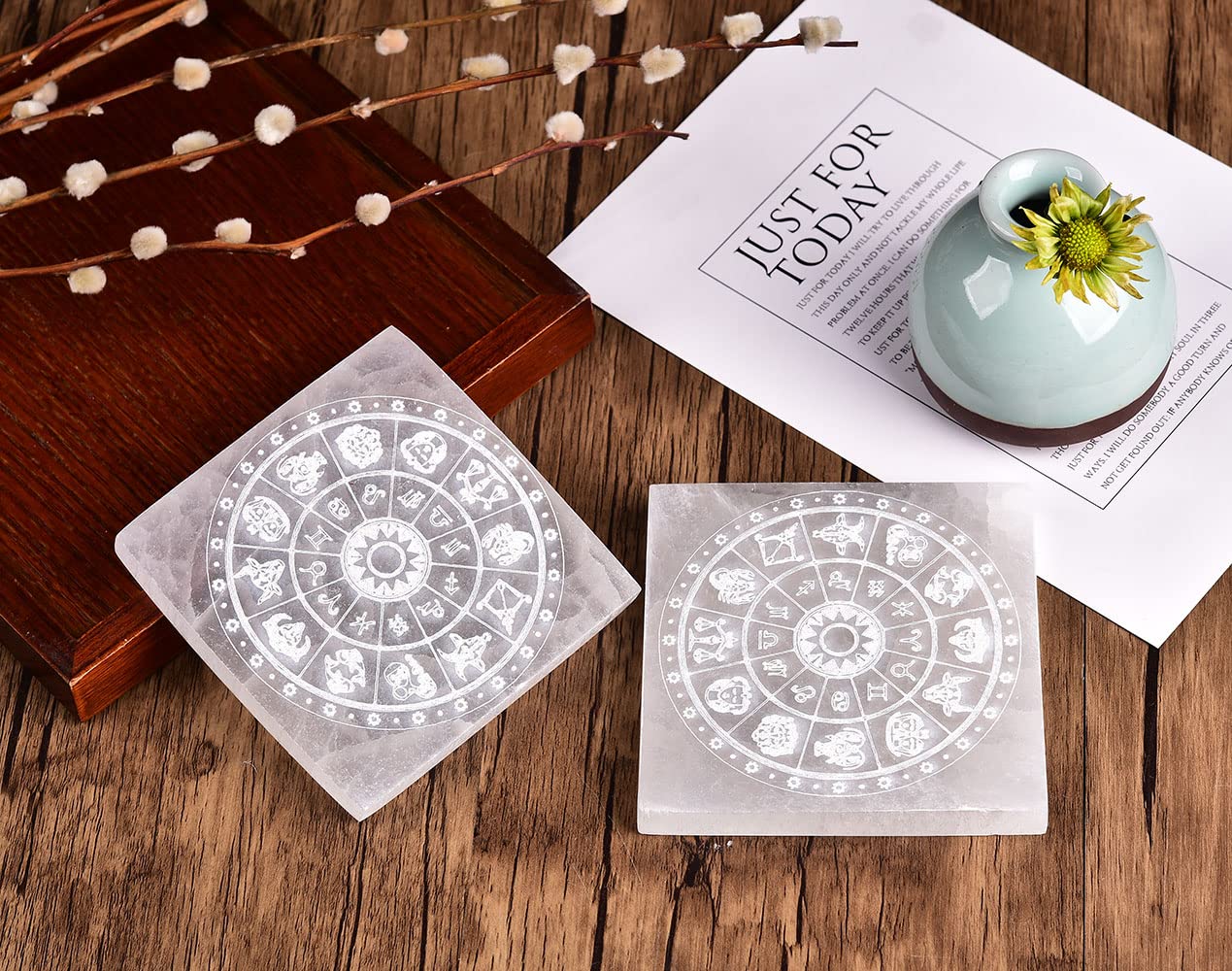 JIC Gem 4" Square Selenite Charging Plate 12 Star Engraved Selenite Slab Healing Crystal Charging Station
