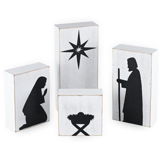 Ornativity Wooden Block Nativity Scene - Black Xmas Silhouette Christmas Figures on White Painted Wood Blocks Indoor Nativity Table Top Shelf Sitter Mantle Centerpiece Set Decorations - 1 Set