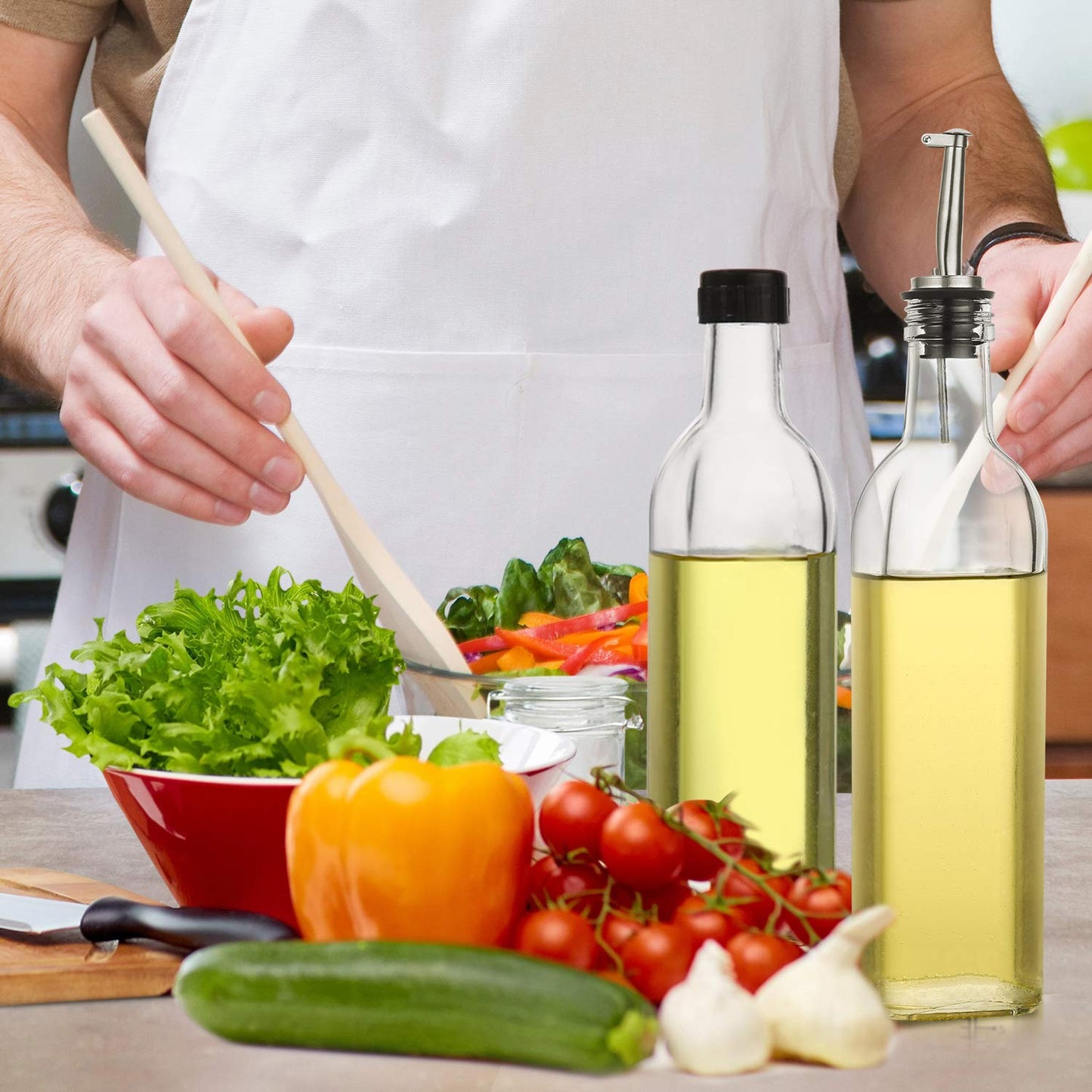AOZITA [2 PACK] 17 oz Glass Olive Oil Dispenser Bottle Set - 500ml Clear Oil & Vinegar Cruet Bottle with Pourers, Funnel and Labels