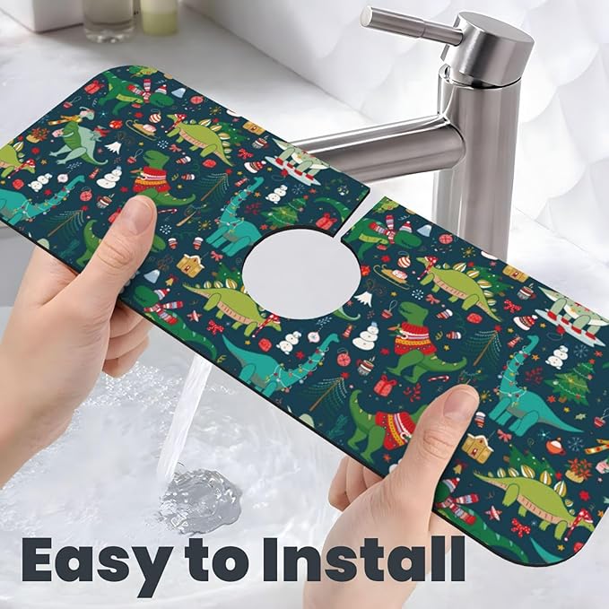 Christmas Dinosaur Tree Xmas Green Kitchen Sink Splash Guard Faucet Mat 1 Pcs