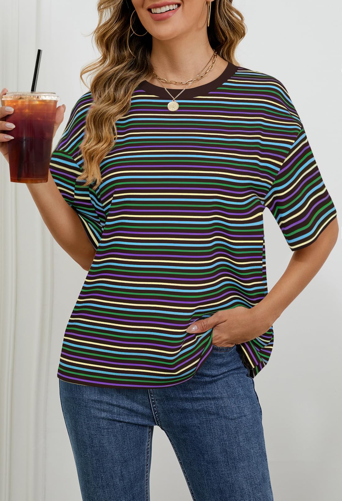 MEROKEETY Women's Summer Short Sleeve Shirt Casual Colourful Striped Crewneck Loose Tops Blouse, Black, Small