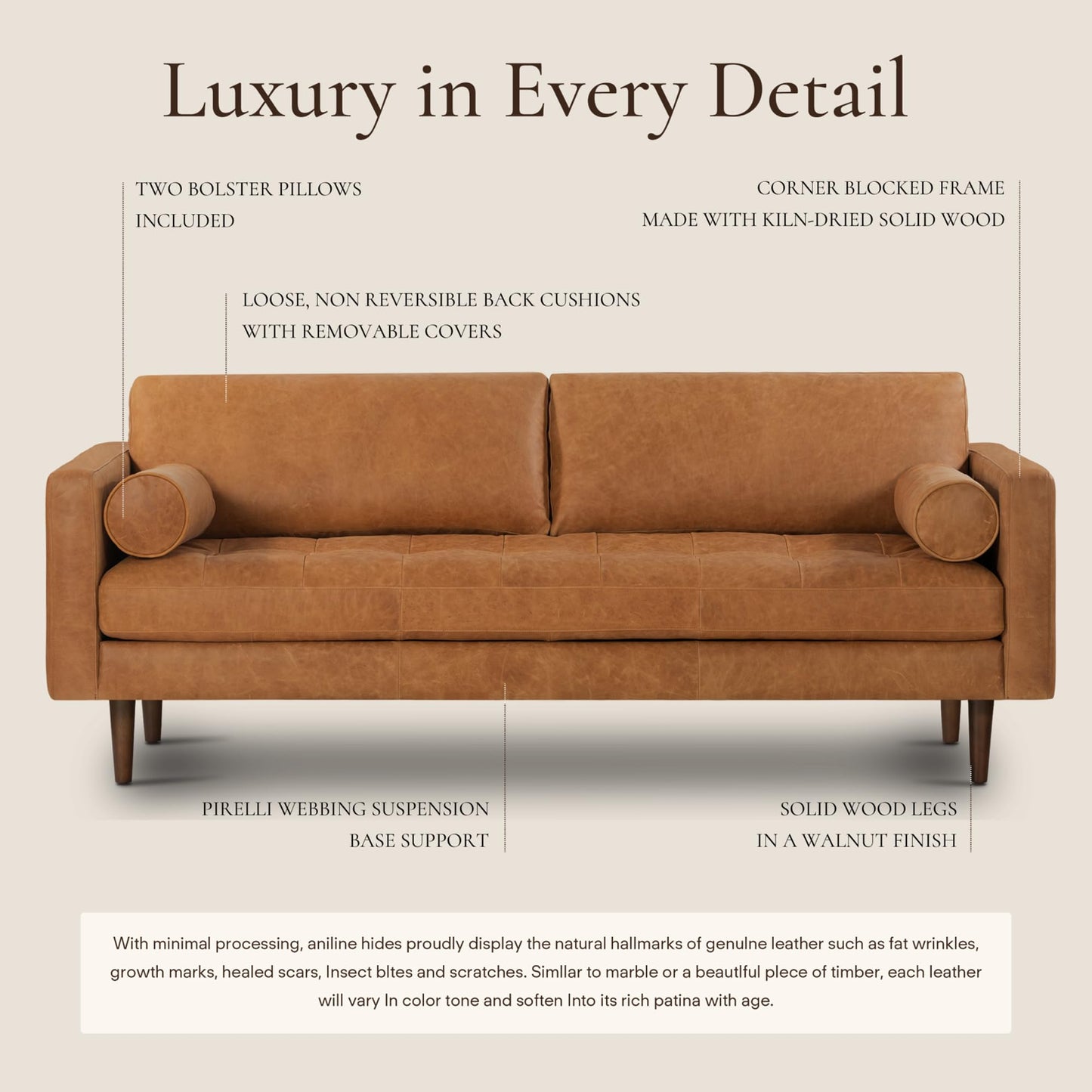 POLY & BARK Napa 88.5" Leather Sofa – Full-Grain Italian-Tanned Aniline Leather, Feather-Down Comfort, Solid Wood Frame, Walnut Legs, Cognac Tan
