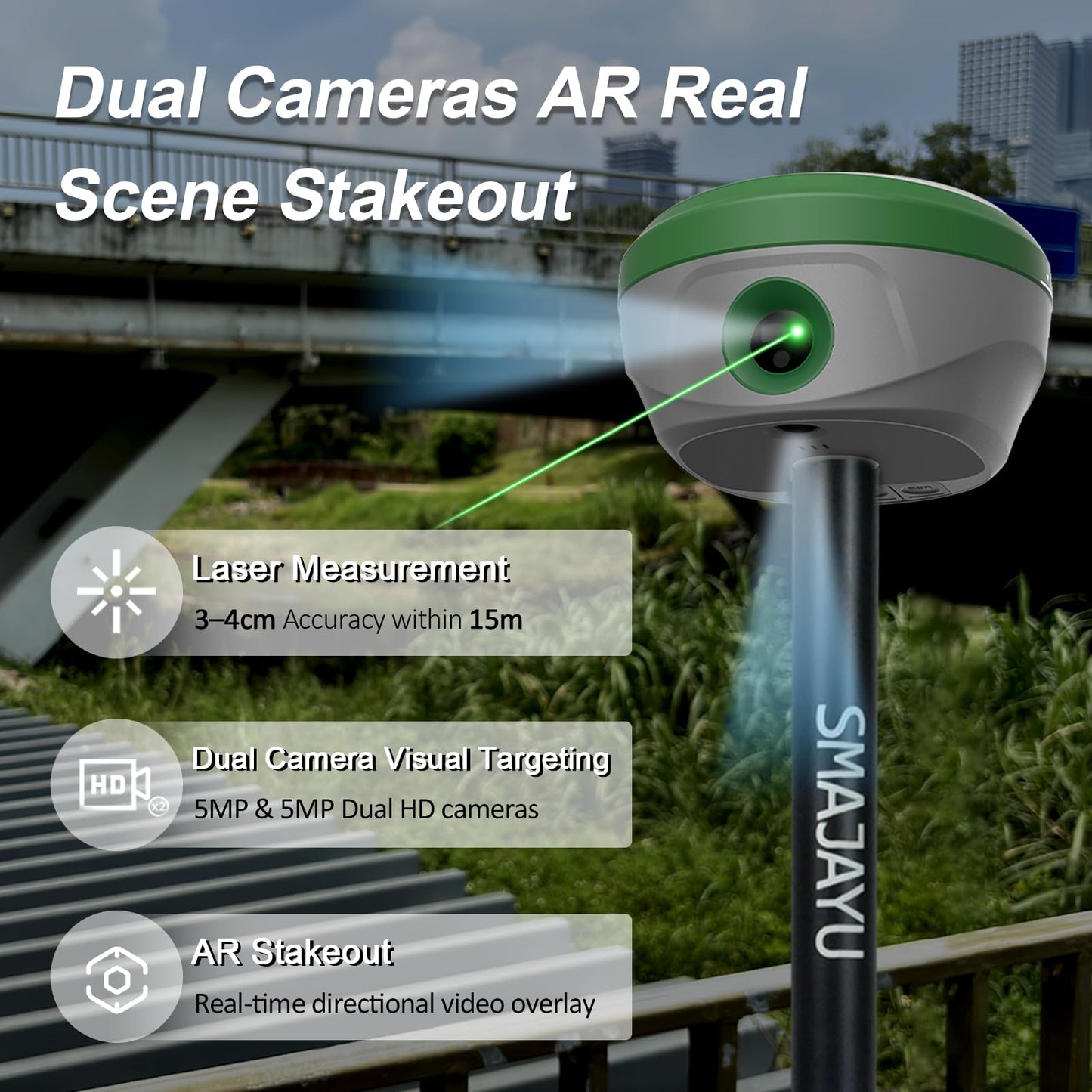 SMAJAYU SMA28H Laser AR Rover RTK & SMA26 Pro Base GNSS Survey System Work as Base Station for Drones/UAVs Dual Cameras AR Visual Stakeout|Laser 30m|2cm Accuracy|120° IMU|15km UHF|4G/BT/NFC/PPK/NTRIP