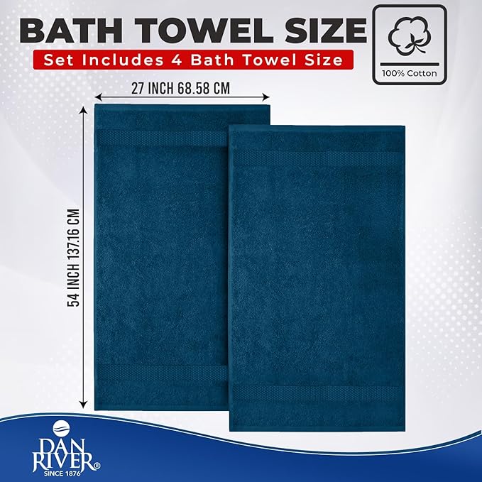 DAN RIVER Bath Towels Set of 4, 27 x 54 Inches, 100% Cotton, Larger & Lighter