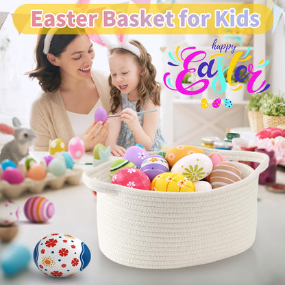 Happyiren Cute Woven Cotton Rope Basket with Handle Empty Decorative Gift Basket for Baby Shower, Graduation, Mother's Day, Nursery Storage 13" Dia x 6" H