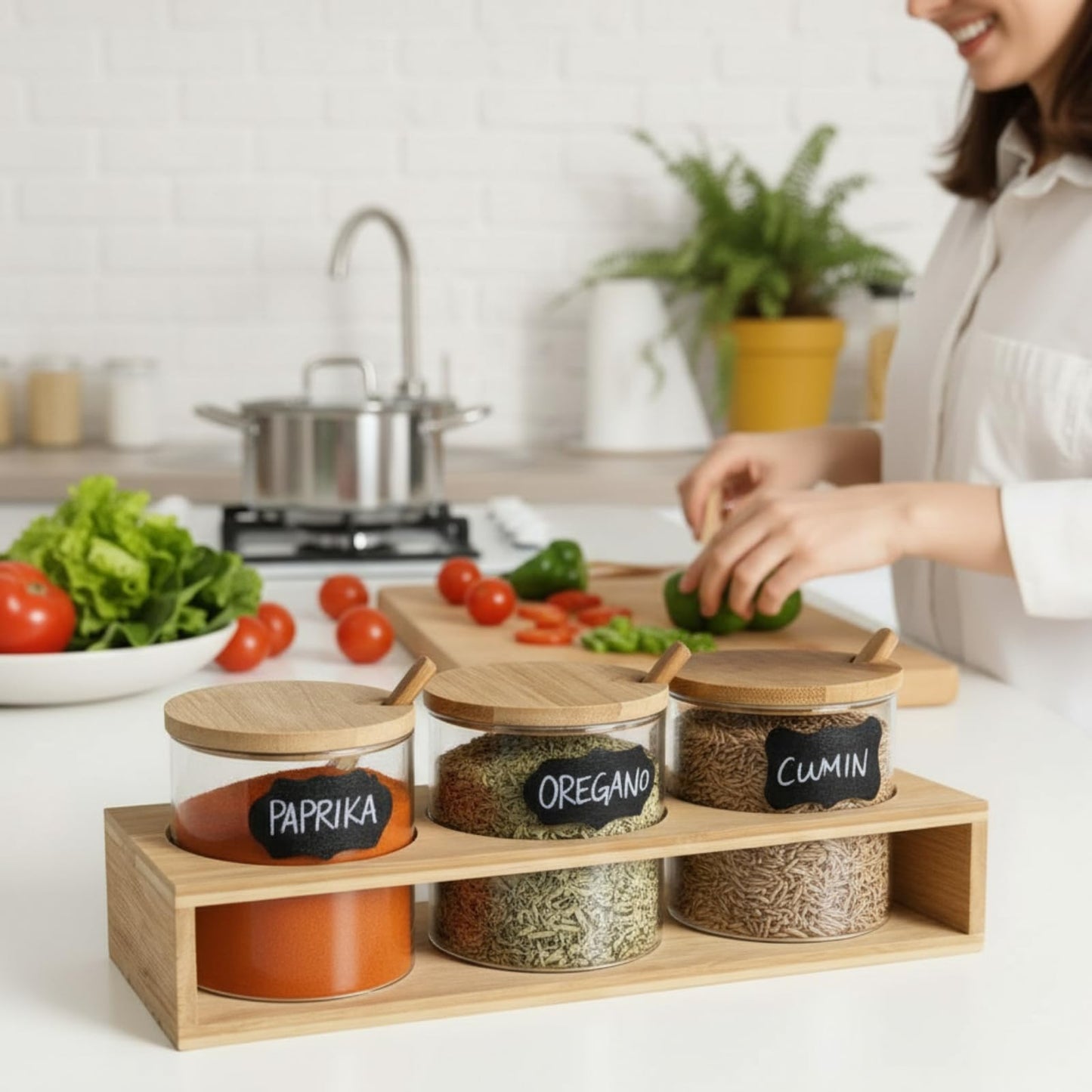 Yiyiring Set of 3 Spice Container Condiment Jar with Bamboo Lids and Spoons Clear Glass Spice Jar Kitchen Storage Container for Salt Sugar Tea Coffee Saving Seasoning Canister Organizer for Counter
