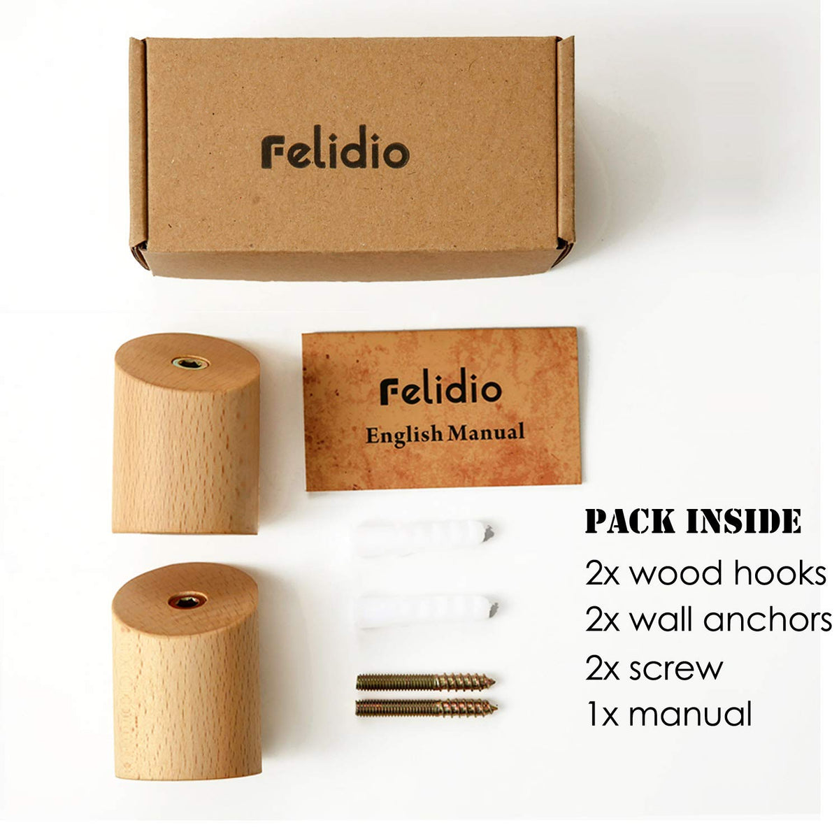 Felidio Wooden Wall Hooks, Natural Wood Coat Hooks Wall-Mounted (2 Pack), Rustic Wall Coat Rack Hat Hook, Entryway Walls Hangers, Heavy Duty Hook for Hanging Towels (Beech Wood)