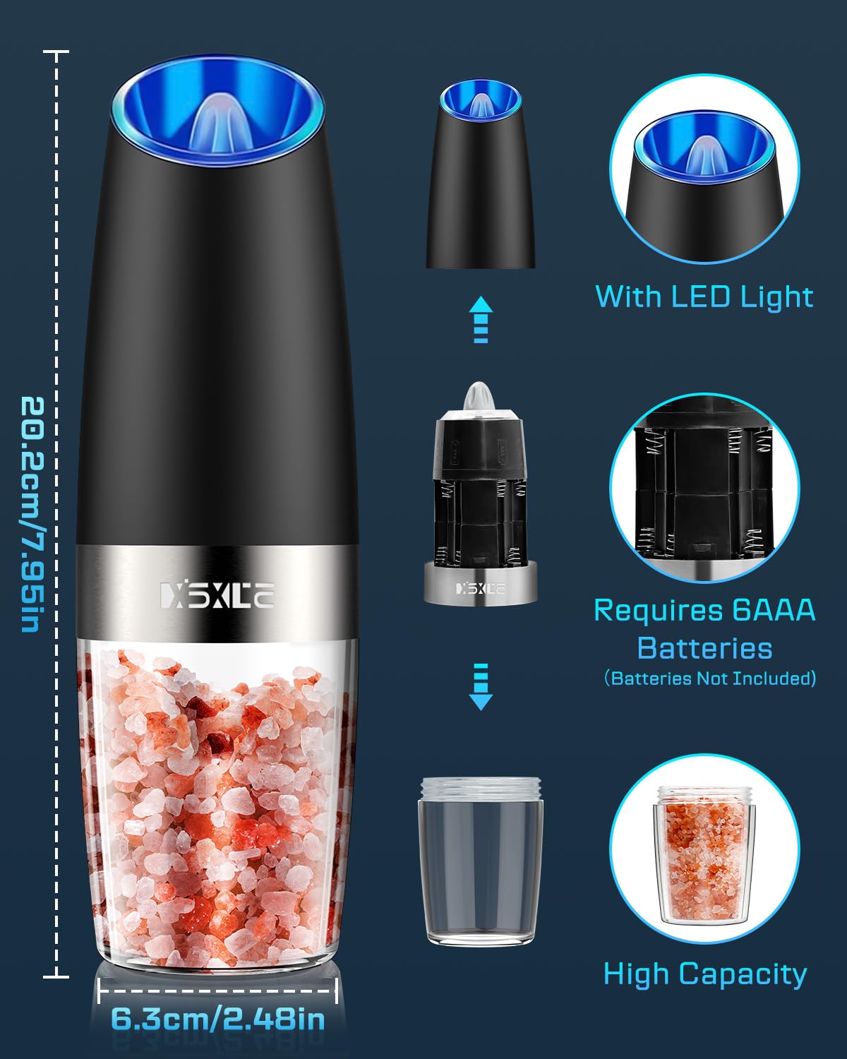 XinXu Gravity Electric Pepper and Salt Grinder Set, Adjustable Coarseness, Battery Powered with LED Light, One Hand Automatic Operation