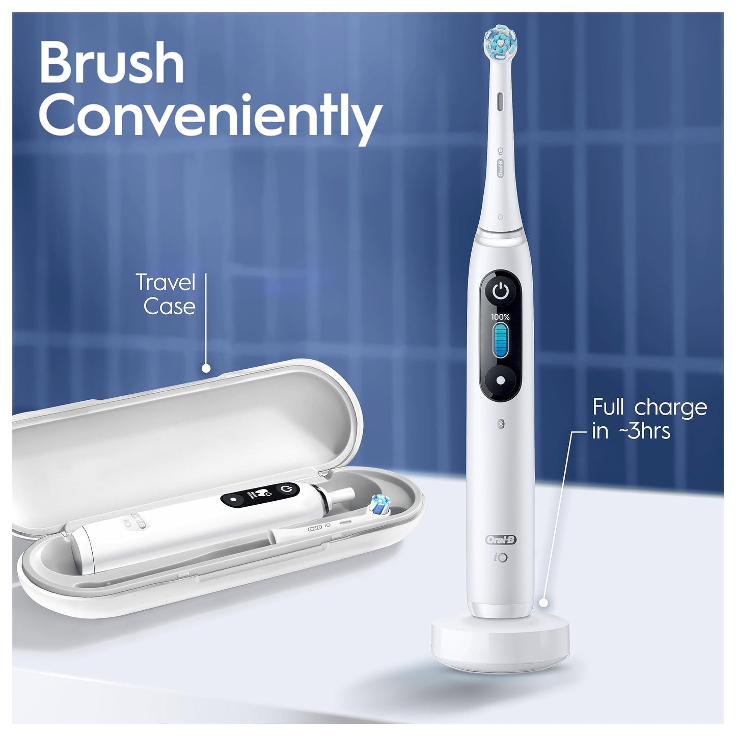 Oral-B iO8 Electric Toothbrushes For Adults, App Connected Handle, 1 Toothbrush Head & Travel Case, 6 Modes with Teeth Whitening, 2 Pin UK Plug, White